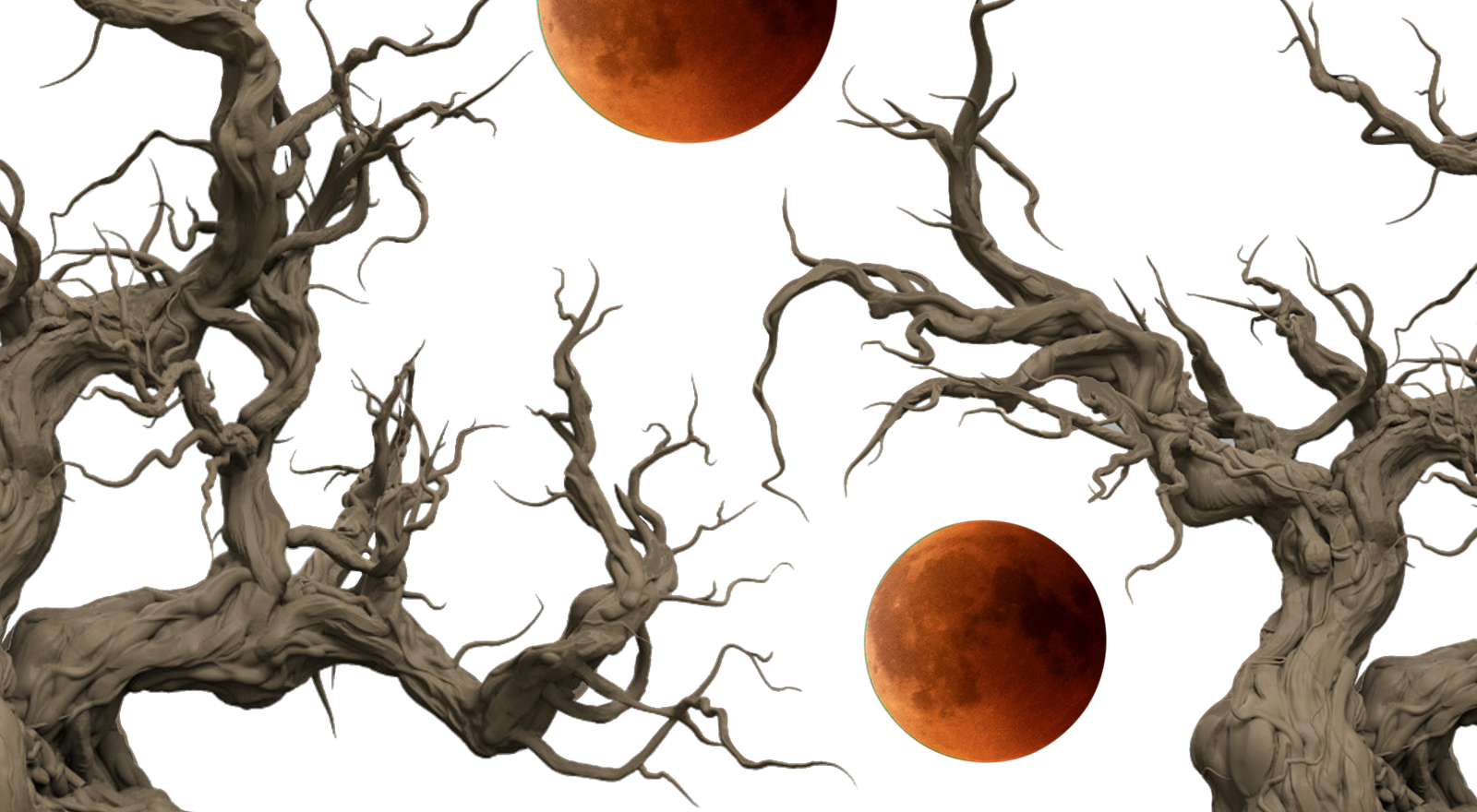 Red Moons between Twisted Trees Illustration
